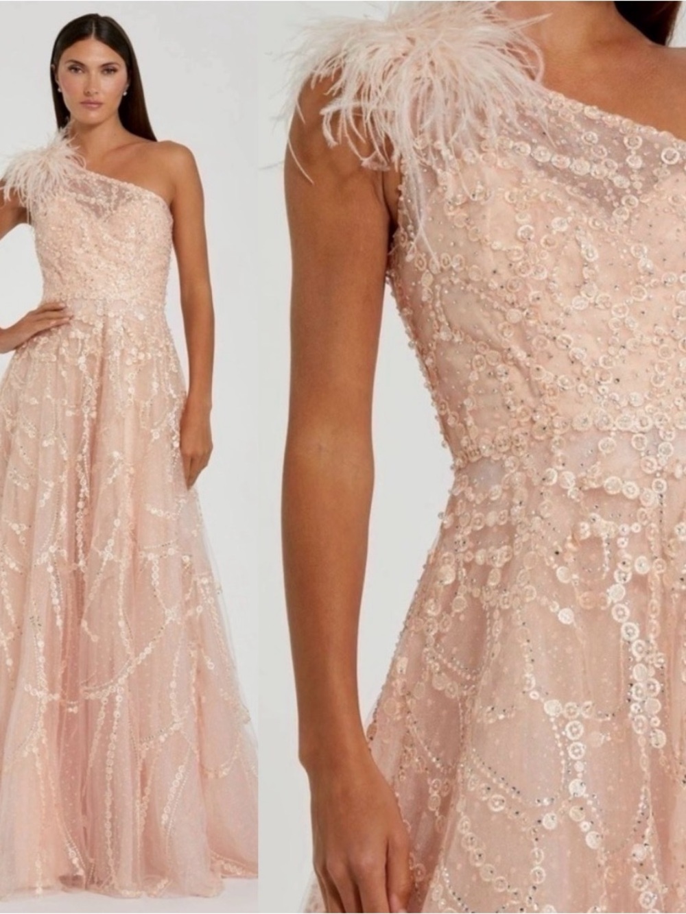 Mac Duggal One-Shoulder Blush Sequin & Feather Evening Gown